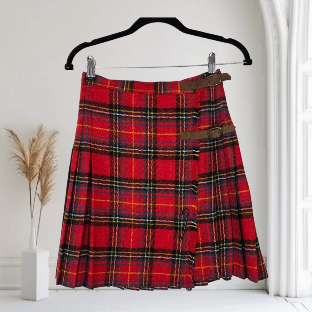 VTG Cambridge Dry Goods Red Tartan Plaid Pleated Wrap Wool Mini Skirt Size 6